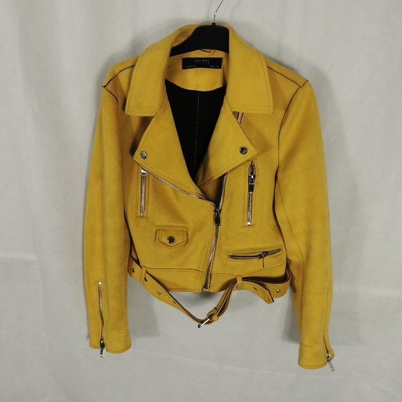 Zara Faux Suede Biker Bomber Aviator Jacket Size M 10 12 Yellow Ladies - Picture 3 of 7